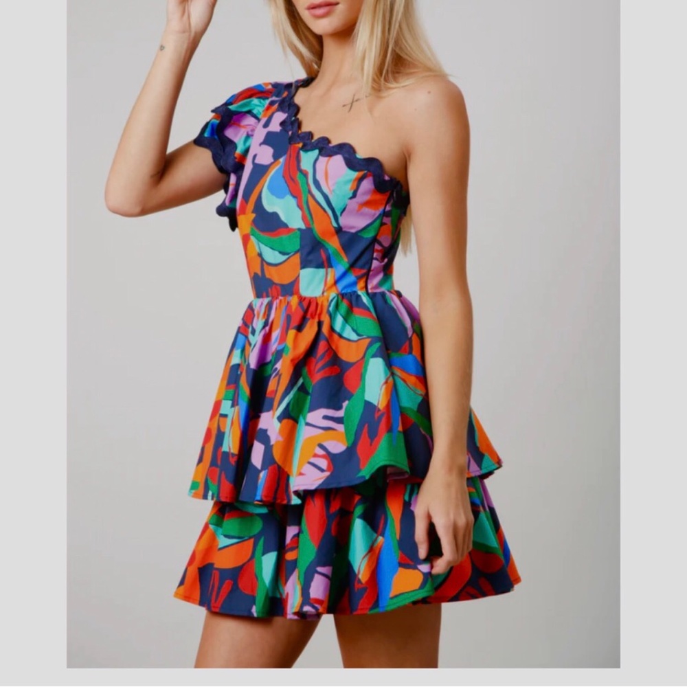 PEACE LOVE CALIFORNIA ADDIE ABSTRACT ONE SHOULDER TIERED MULTICOLOR MINI DRESS